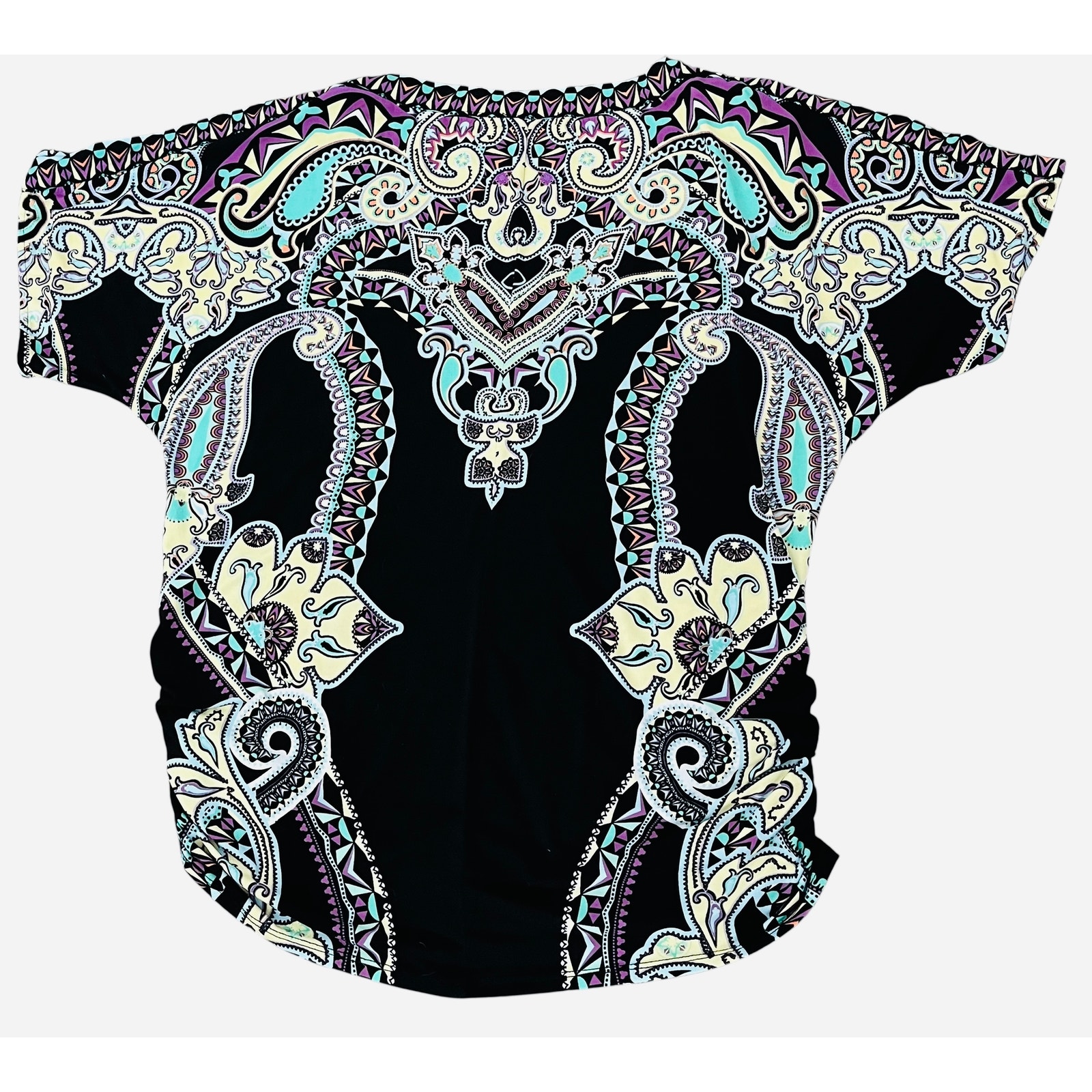 Roz & Ali Cold Shoulder Short Dolman Slv Crew Neck, Woman, 1x, Purple Teal Yell — image 2 of 8
